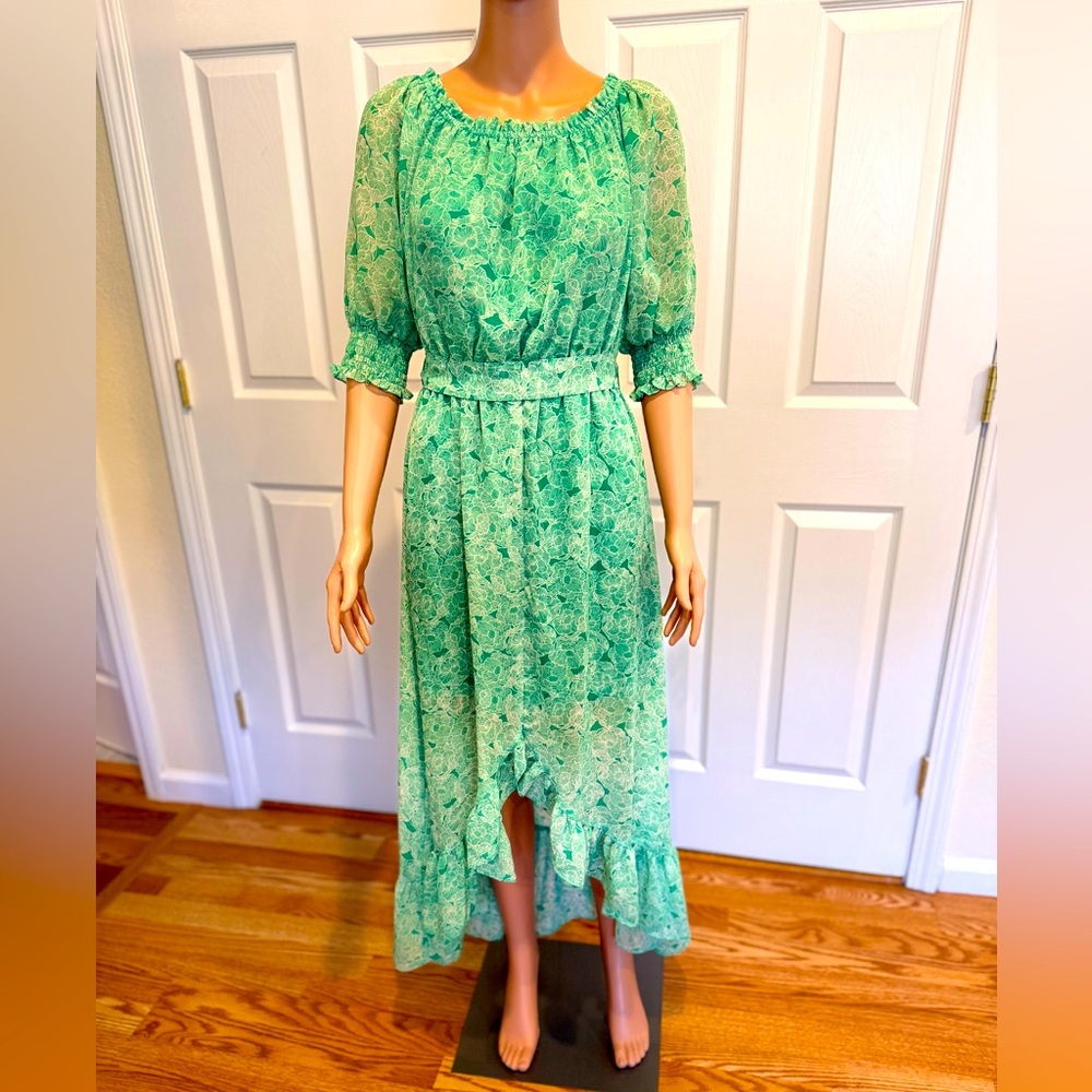 Bar III Green High Low Sundress with 3/4 Cuffed Sleeves